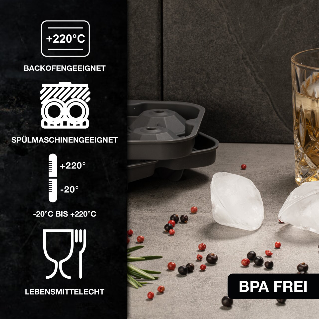 IJsblokjesvorm in diamantvorm, geschikt voor de oven en de vaatwasser, BPA-vrij, met ijsblokjes en een drinkglas, zijaanzicht