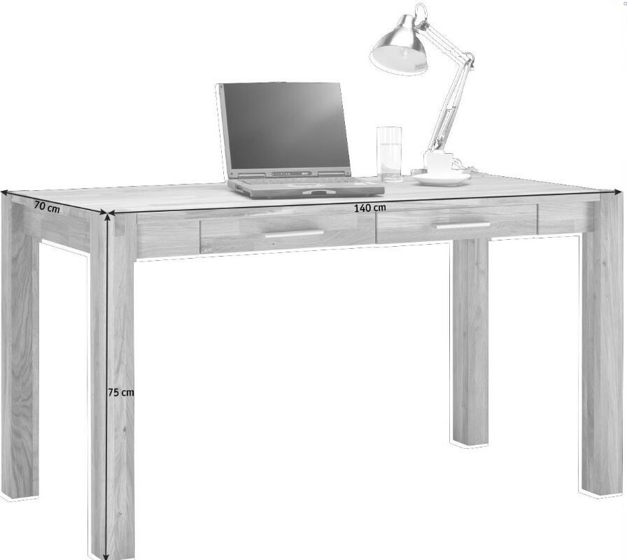 Moderner Schreibtisch aus Holz mit drei Schubladen, darauf ein Laptop, eine Lampe und ein Glas, seitliche Perspektive.