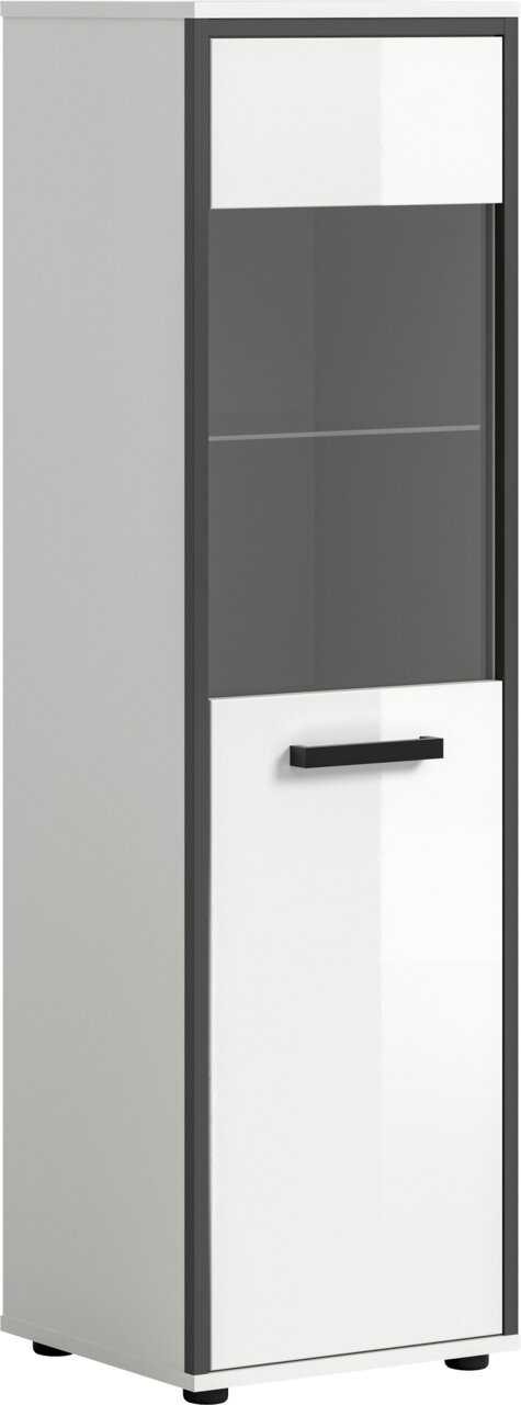 Schmaler, moderner Hochschrank in Grau mit weißer Fronttür und schwarzem Griff, oben mit dunkler Glas-/Acrylfront, freistehend auf Füßen; Ansicht schräg von vorn.