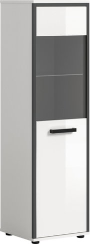 Schmaler, moderner Hochschrank in Grau mit weißer Fronttür und schwarzem Griff, oben mit dunkler Glas-/Acrylfront, freistehend auf Füßen; Ansicht schräg von vorn.