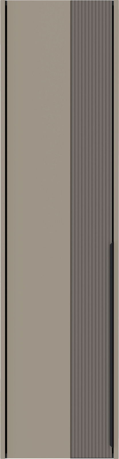 Frontansicht eines modernen Hängegarderobenschranks mit einer Kombination aus glatter und geriffelter Oberfläche in neutralen Farben.