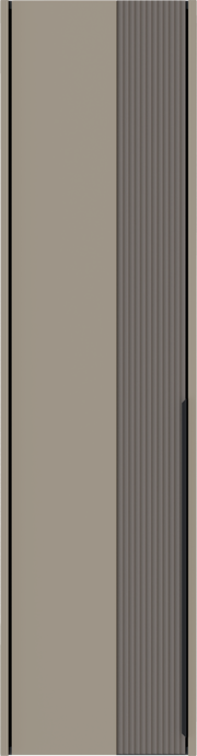 Frontansicht eines modernen Hängegarderobenschranks mit einer Kombination aus glatter und geriffelter Oberfläche in neutralen Farben.