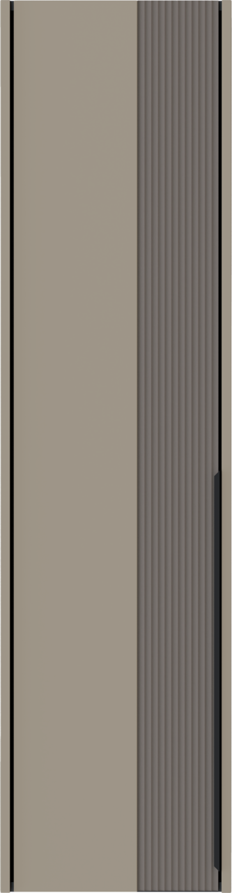 Frontansicht eines modernen Hängegarderobenschranks mit einer Kombination aus glatter und geriffelter Oberfläche in neutralen Farben.