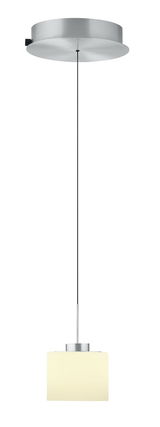 Moderne LED-Pendelleuchte ABBY mit zylindrischem, silbernem Baldachin und cremefarbenem Lampenschirm, seitliche Perspektive.