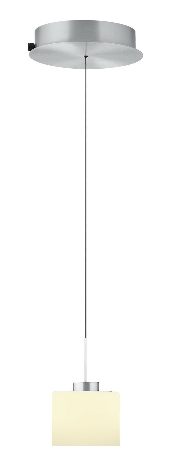 Hell LED-Pendelleuchte ABBY Moderne LED-Pendelleuchte ABBY mit zylindrischem, silbernem Baldachin und cremefarbenem Lampenschirm, seitliche Perspektive.