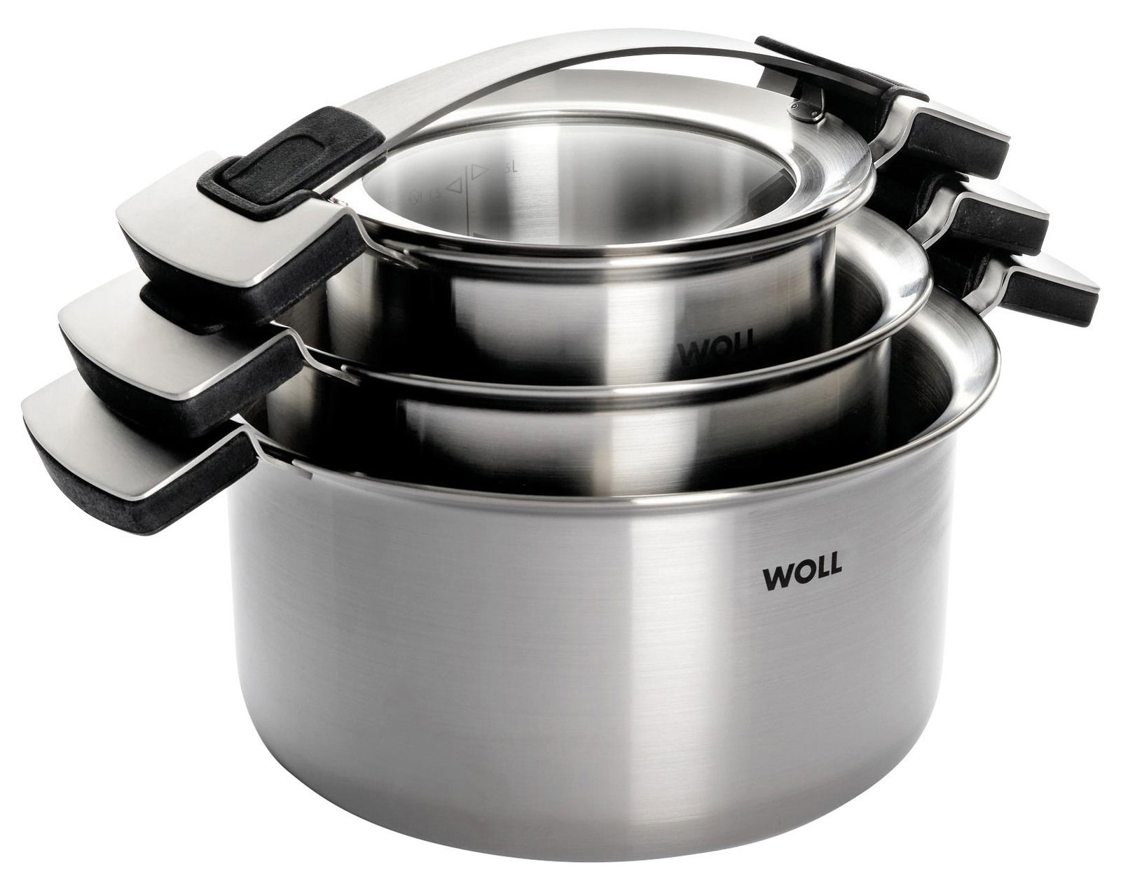 Stapelbares Topfset aus Edelstahl, 6-teilig, mit seitlicher Perspektive auf die Töpfe und Deckel.