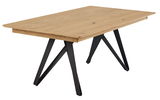 Moderner Esstisch aus Holz mit schwarzen Metallbeinen, seitliche Perspektive