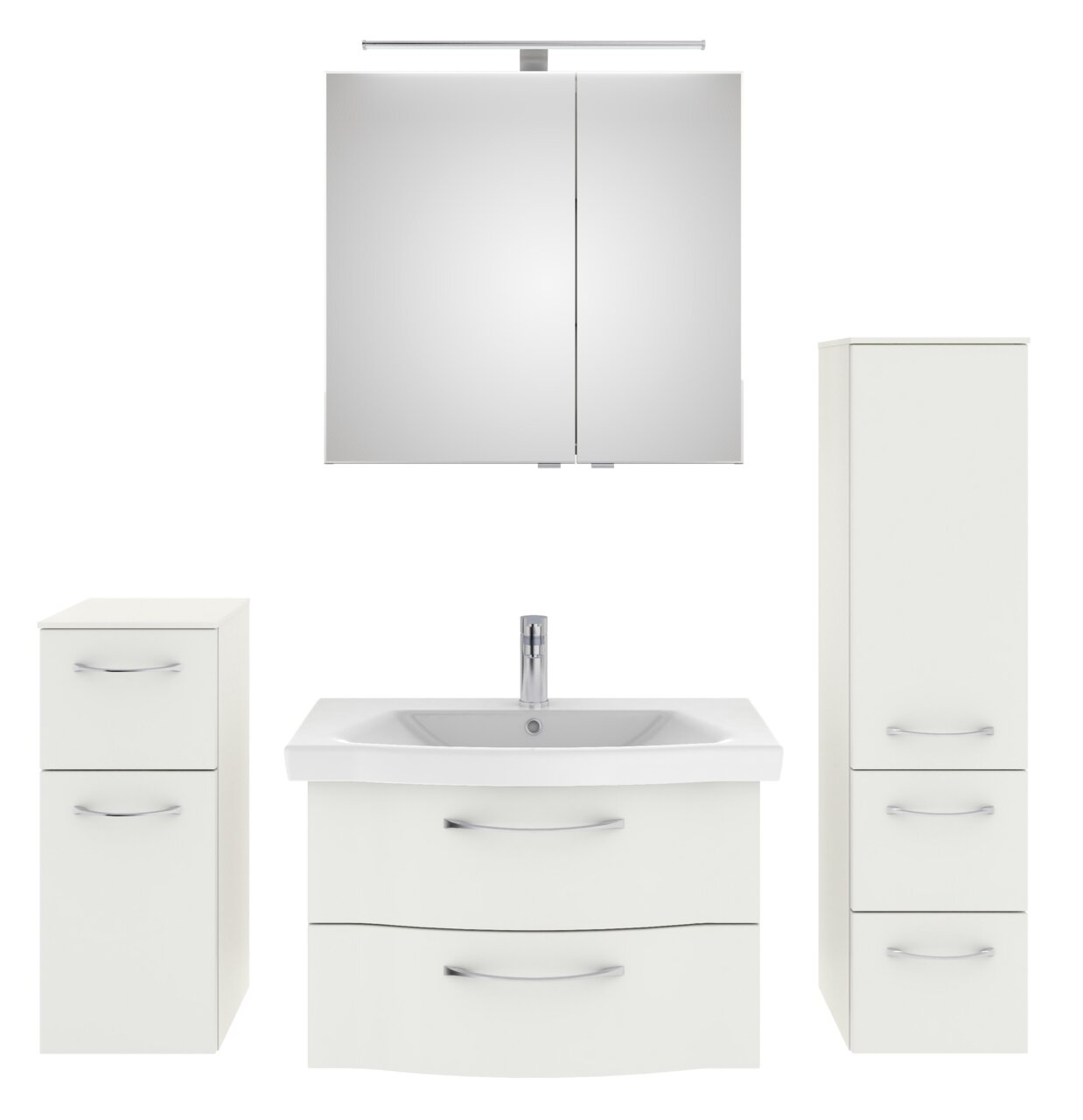 Pelipal Badblock SERIE 6005 SPRINT Moderner Badblock in Weiß mit Spiegelschrank, Waschbeckenunterschrank und zwei Hochschränken, frontal abgebildet.