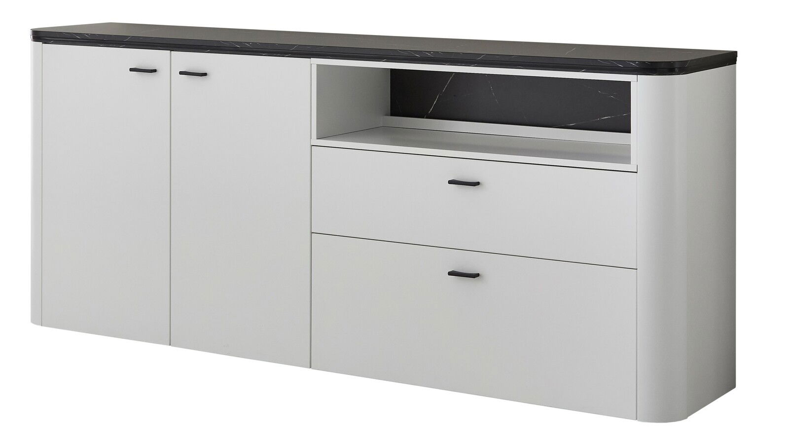 Zurbrüggen Dressoir WAVE Modernes Sideboard mit zwei Türen, zwei Schubladen und offenem Fach, Ansicht von vorne.
