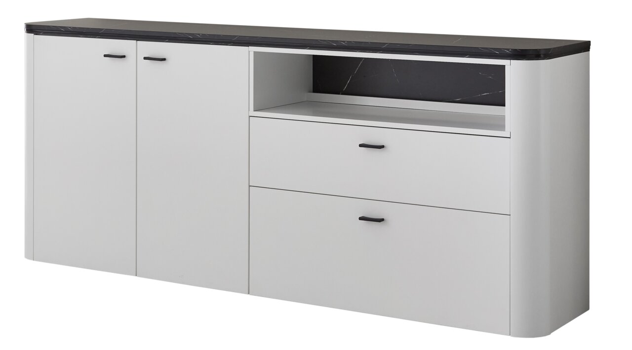 Modernes Sideboard mit zwei Türen, zwei Schubladen und offenem Fach, Ansicht von vorne.