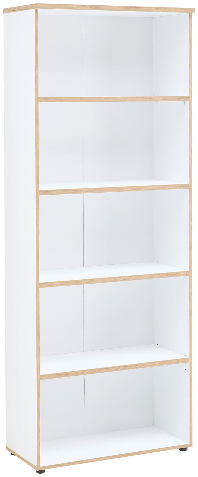 Weißes Regal mit fünf offenen Fächern, aus hellem Holz, seitliche Perspektive