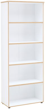 Weißes Regal mit fünf offenen Fächern, aus hellem Holz, seitliche Perspektive