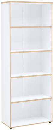 Weißes Regal mit fünf offenen Fächern, aus hellem Holz, seitliche Perspektive