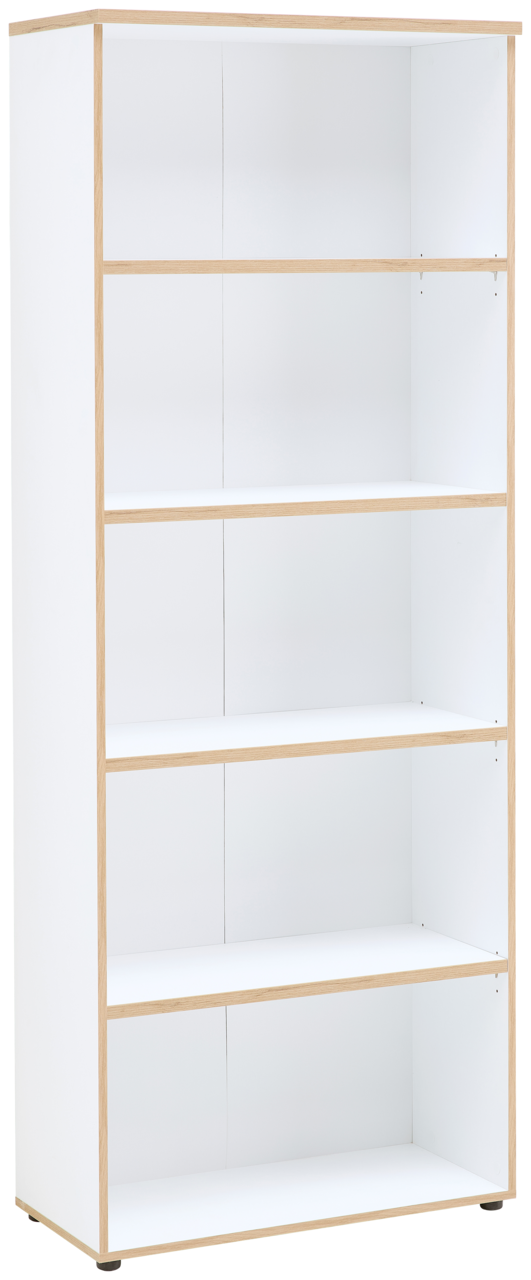 Weißes Regal mit fünf offenen Fächern, aus hellem Holz, seitliche Perspektive