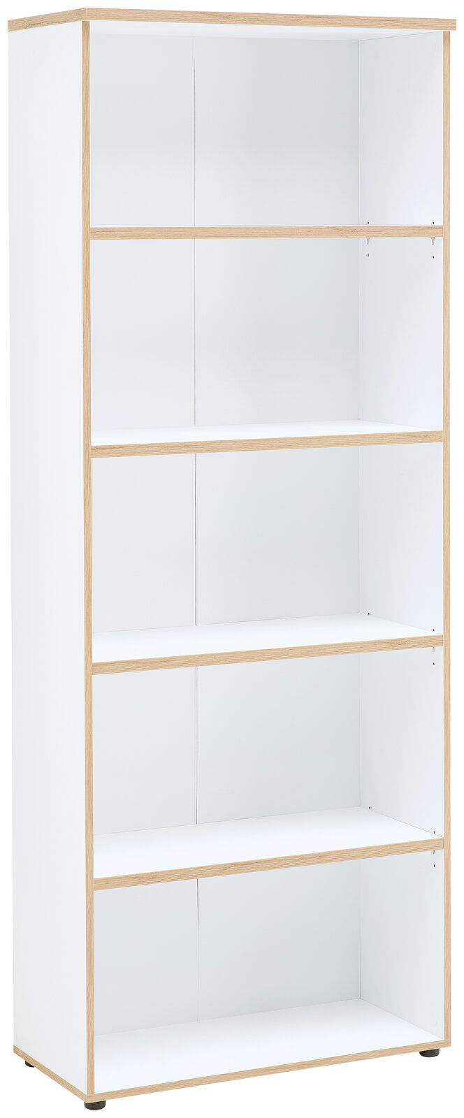 Voleo Regal DETROIT Weißes Regal mit fünf offenen Fächern, aus hellem Holz, seitliche Perspektive