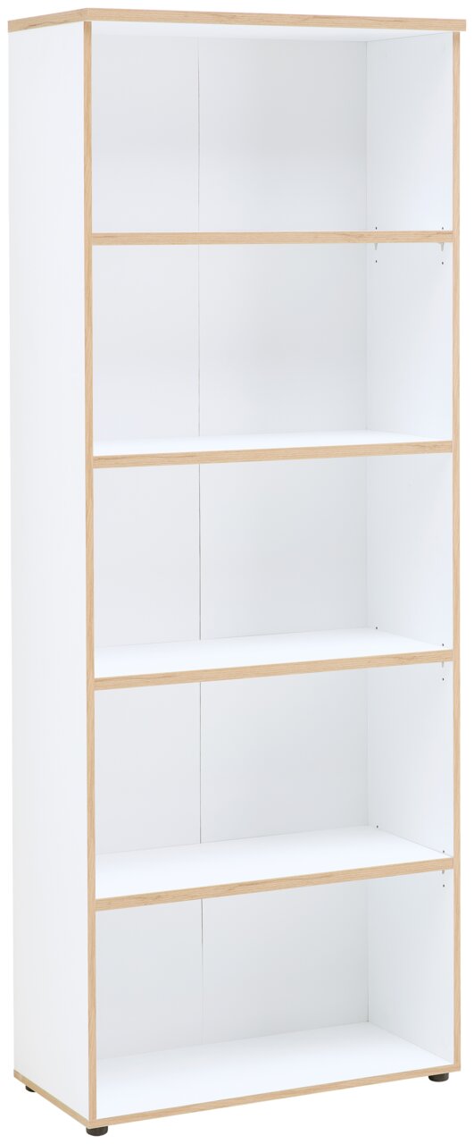 Weißes Regal mit fünf offenen Fächern, aus hellem Holz, seitliche Perspektive