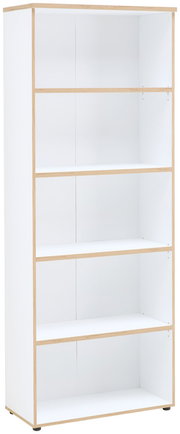 Weißes Regal mit fünf offenen Fächern, aus hellem Holz, seitliche Perspektive