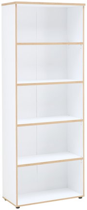 Weißes Regal mit fünf offenen Fächern, aus hellem Holz, seitliche Perspektive