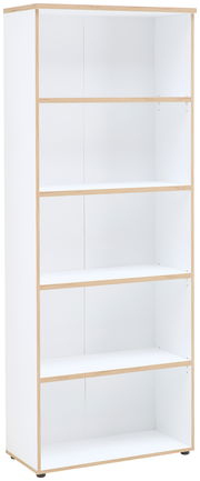 Weißes Regal mit fünf offenen Fächern, aus hellem Holz, seitliche Perspektive