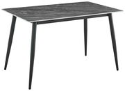 Moderner Esstisch mit dunkler Marmoroptik-Tischplatte und schlanken schwarzen Beinen, seitliche Perspektive