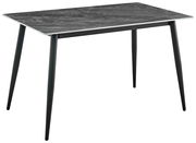 Moderner Esstisch mit dunkler Marmoroptik-Tischplatte und schlanken schwarzen Beinen, seitliche Perspektive