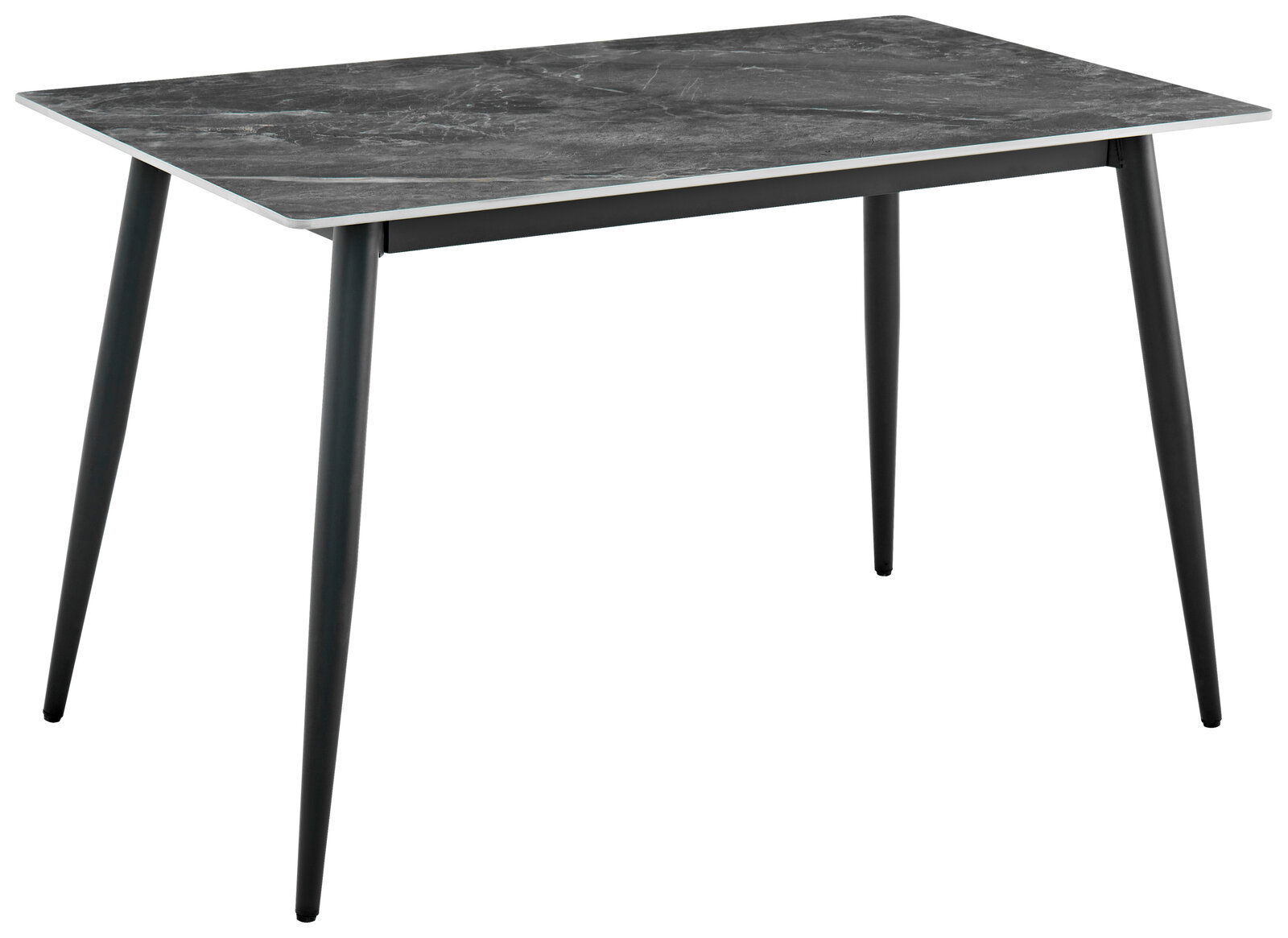 Moderner Esstisch mit dunkler Marmoroptik-Tischplatte und schlanken schwarzen Beinen, seitliche Perspektive