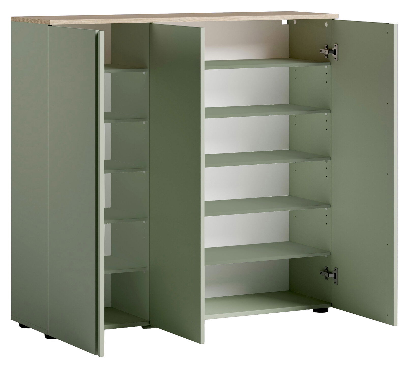 Grüner XL-Schuhschrank mit offenen Türen, zeigt mehrere Regalböden, Perspektive von vorne.