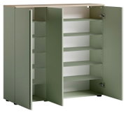 Groene XL-schoenenkast met open deuren, met meerdere planken, gezien van voren.