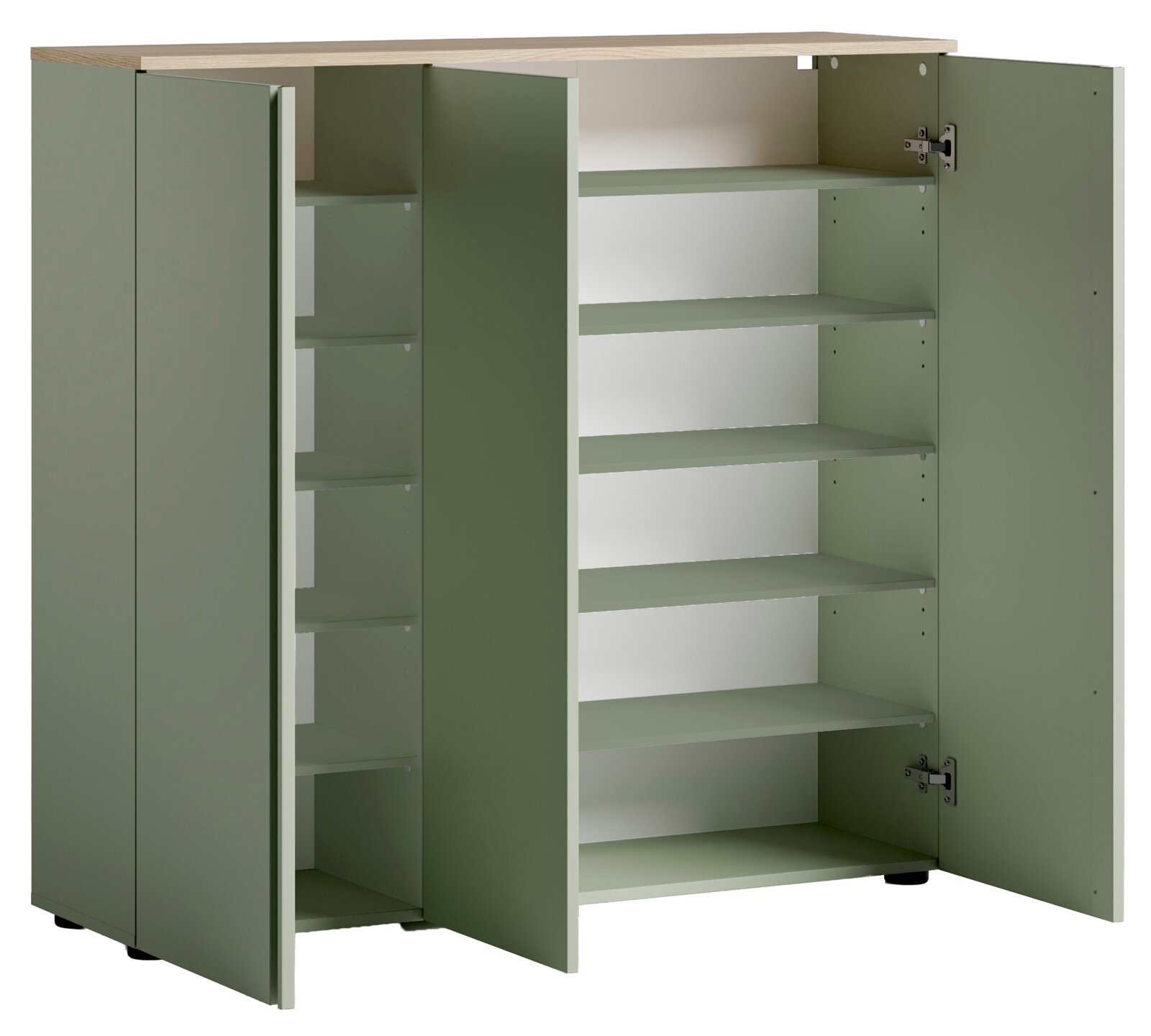Groene XL-schoenenkast met open deuren, met meerdere planken, gezien van voren.