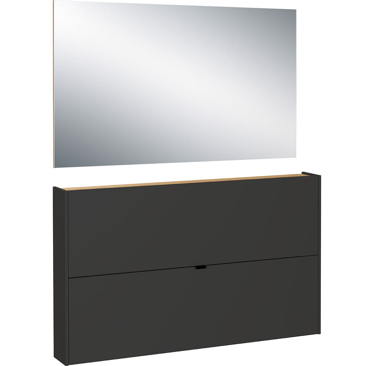 Garderobe Set mit großem rechteckigem Spiegel und schwarzem Schrank, seitliche Perspektive