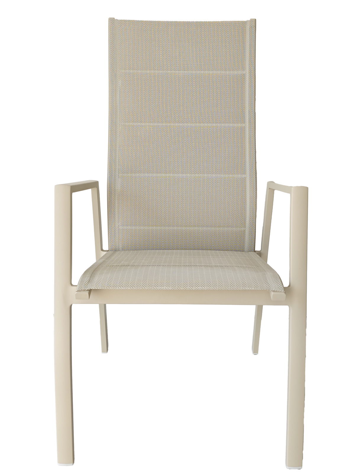 Moderner Gartensessel aus beigem Material, frontal fotografiert