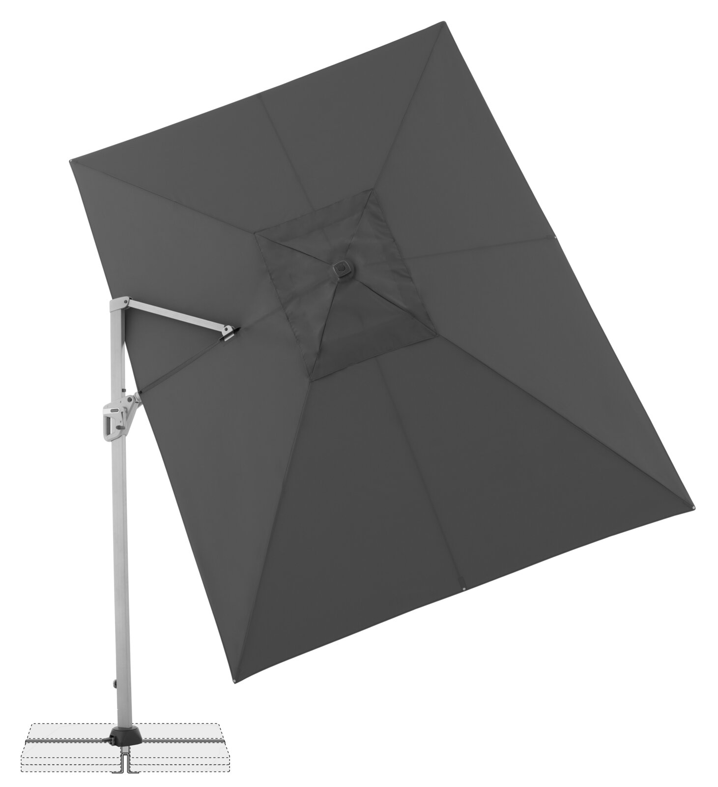 Dunkelgrauer Ampelschirm mit seitlichem Mast und quadratischem Schirmdach, schräg von unten in 3/4-Ansicht vor weißem Hintergrund