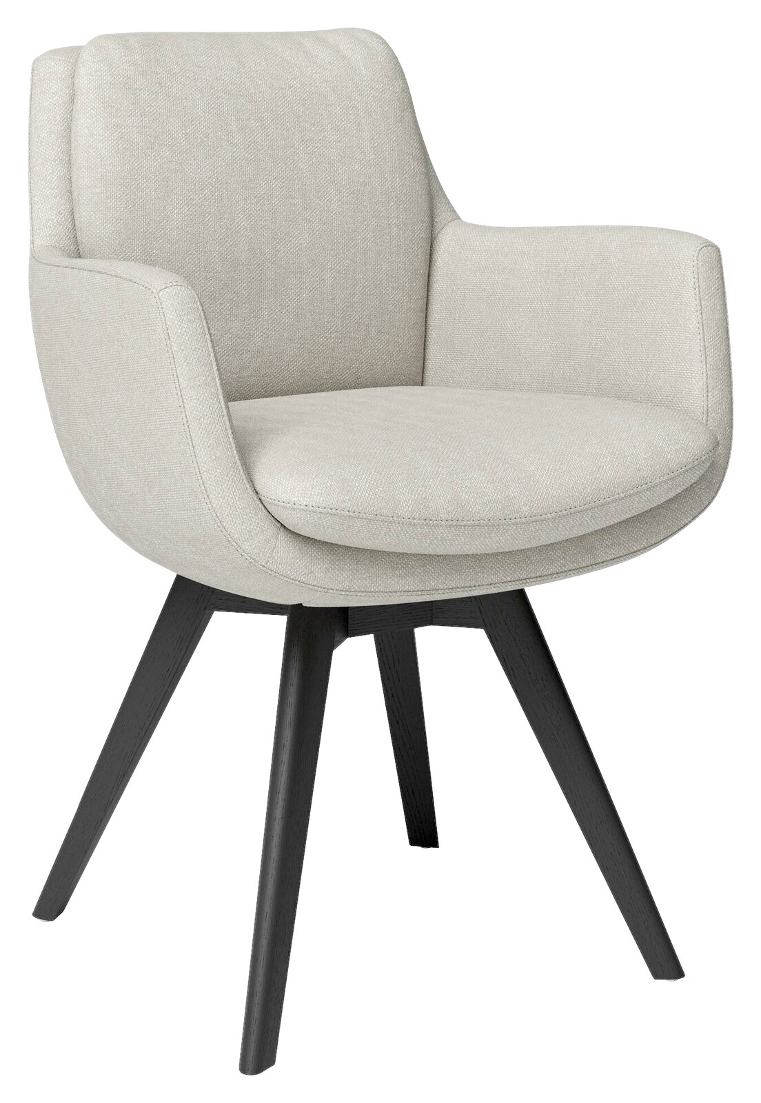 Moderner Armlehnstuhl mit hellgrauem Stoffbezug und schwarzen Holzbeinen, seitliche Perspektive