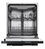 Offene Geschirrspülmaschine, Frontansicht, mit herausziehbaren Körben und Bedienfeld.