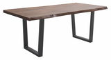 Moderner Esstisch mit natürlicher Holzplatte und schwarzen Metallbeinen, seitliche Perspektive