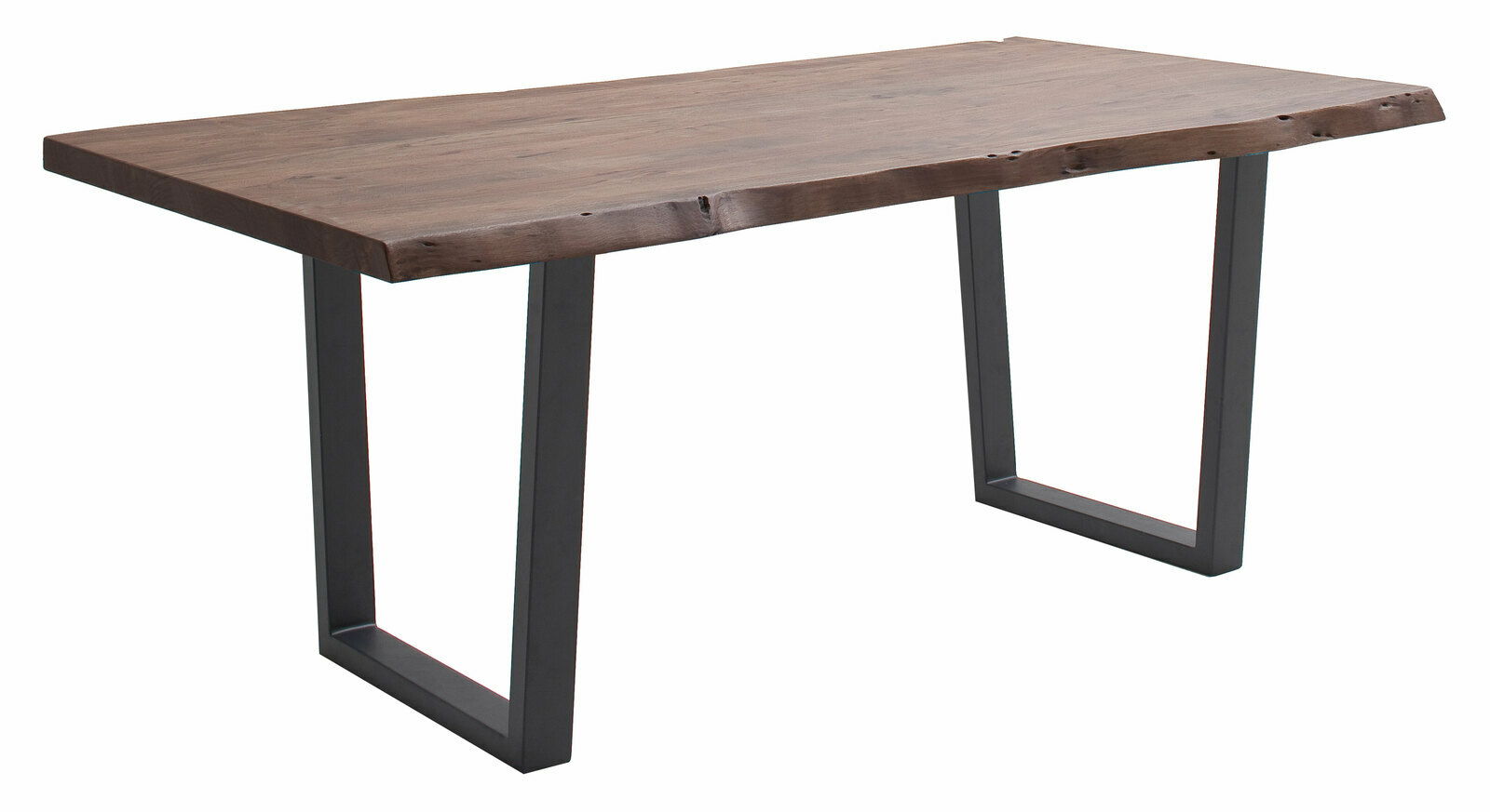 Moderner Esstisch mit natürlicher Holzplatte und schwarzen Metallbeinen, seitliche Perspektive