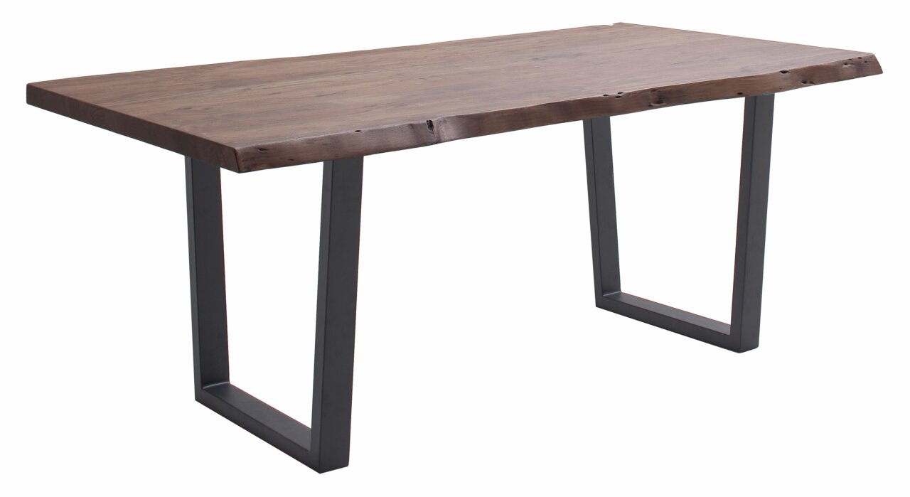 Moderne eettafel met een blad van natuurlijk hout en zwarte metalen poten, zijaanzicht