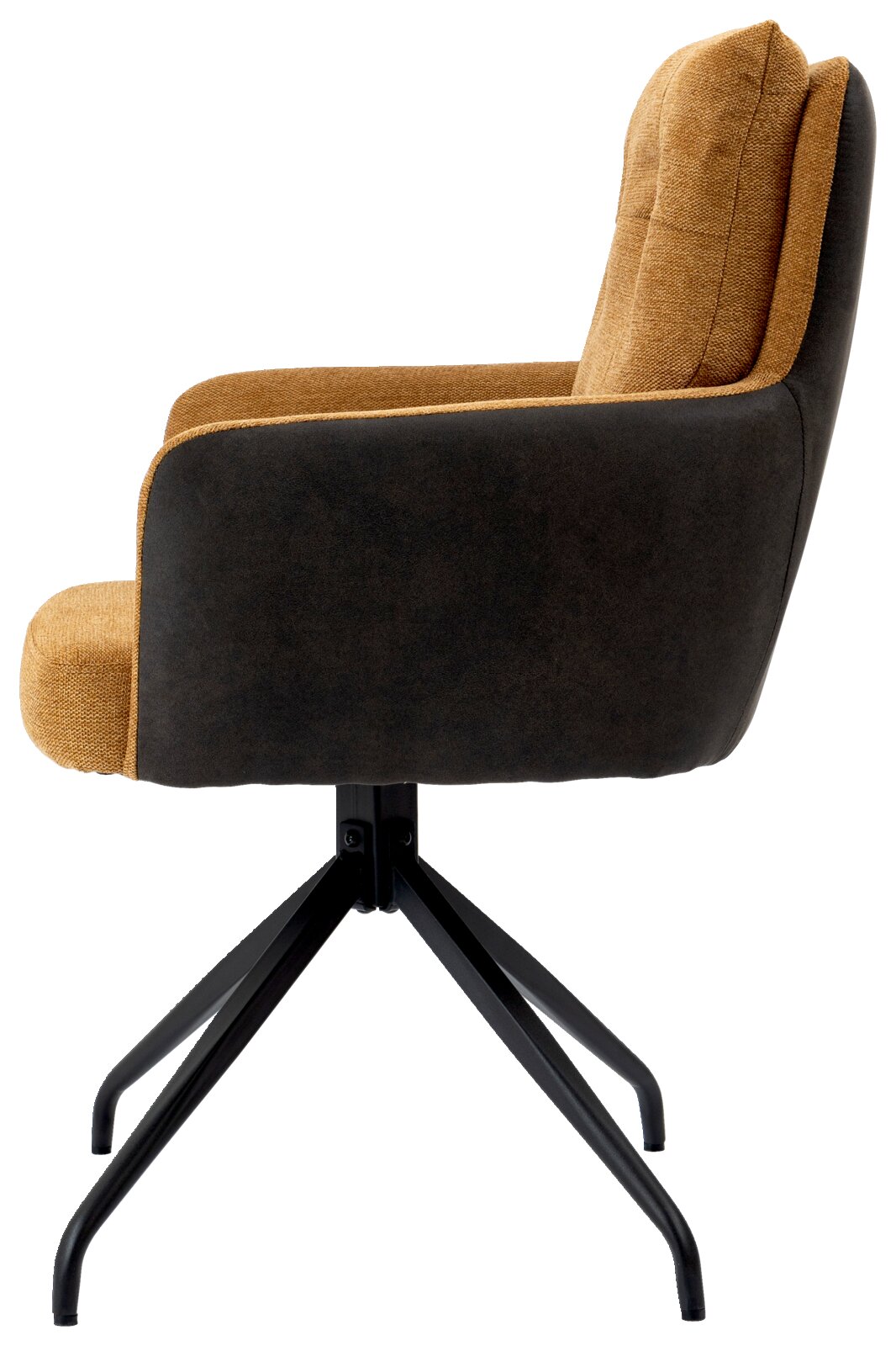 Zijaanzicht van een fauteuil met bruine stoffen bekleding en een zwart metalen frame.