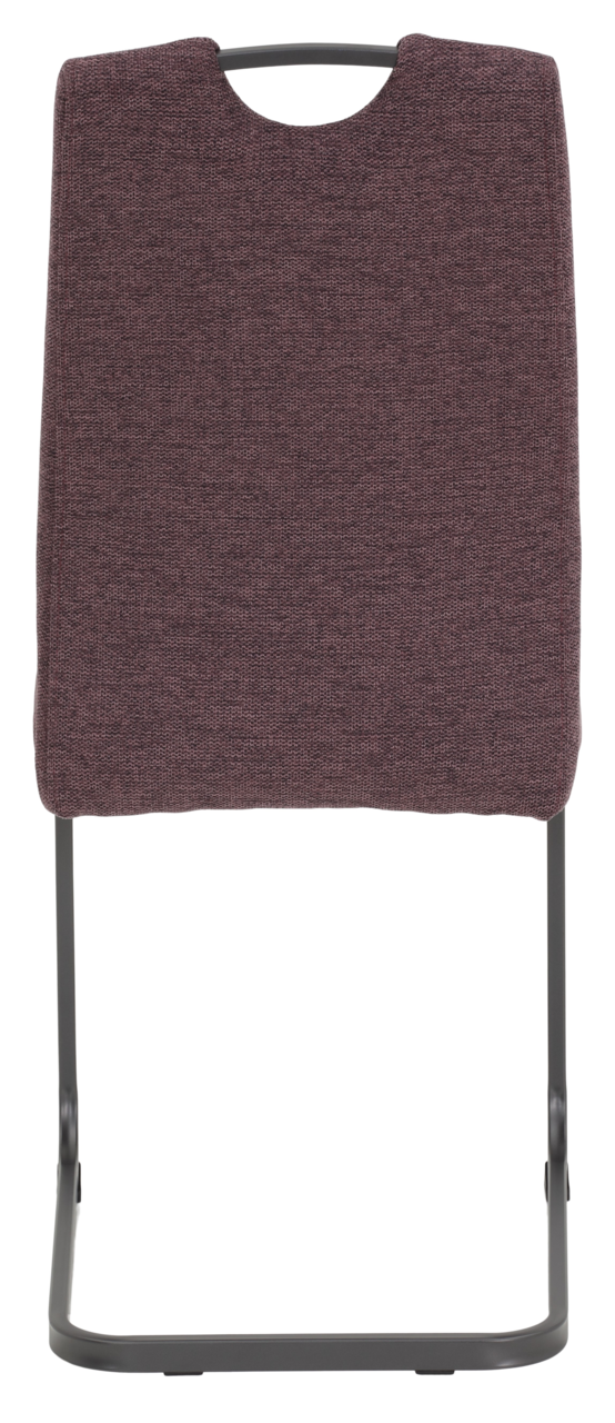 Rückansicht eines Schwingstuhls mit dunkelrotem Stoffbezug und schwarzem Metallgestell.