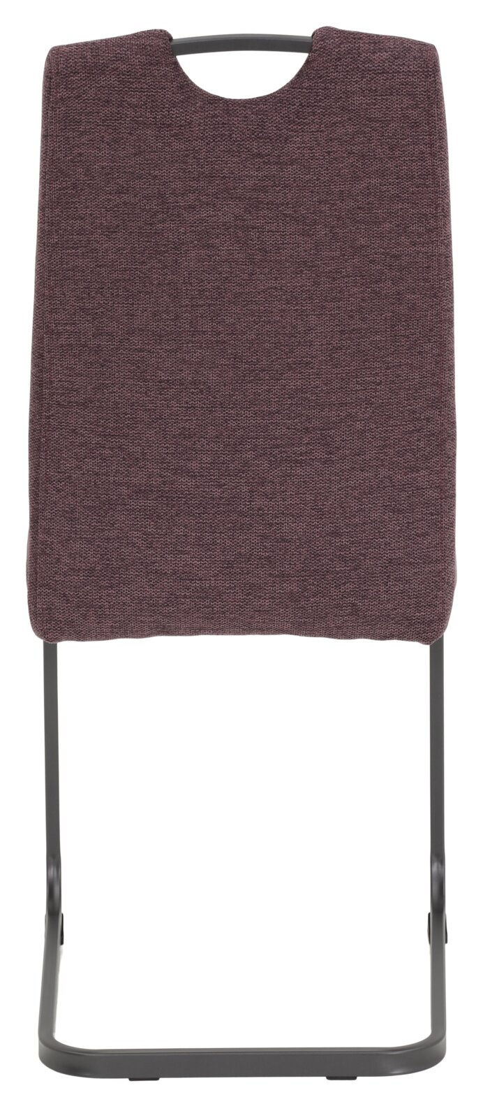 Achterkant van een schommelstoel met donkerrode stoffen bekleding en een zwart metalen frame.