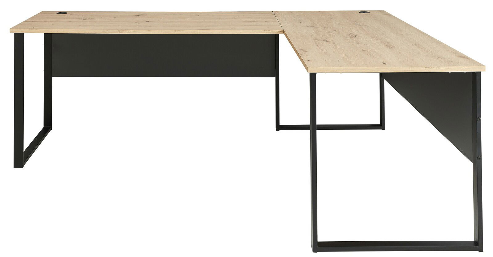 Moderner Eckschreibtisch mit Holzoberfläche und schwarzem Metallgestell, frontal abgebildet.