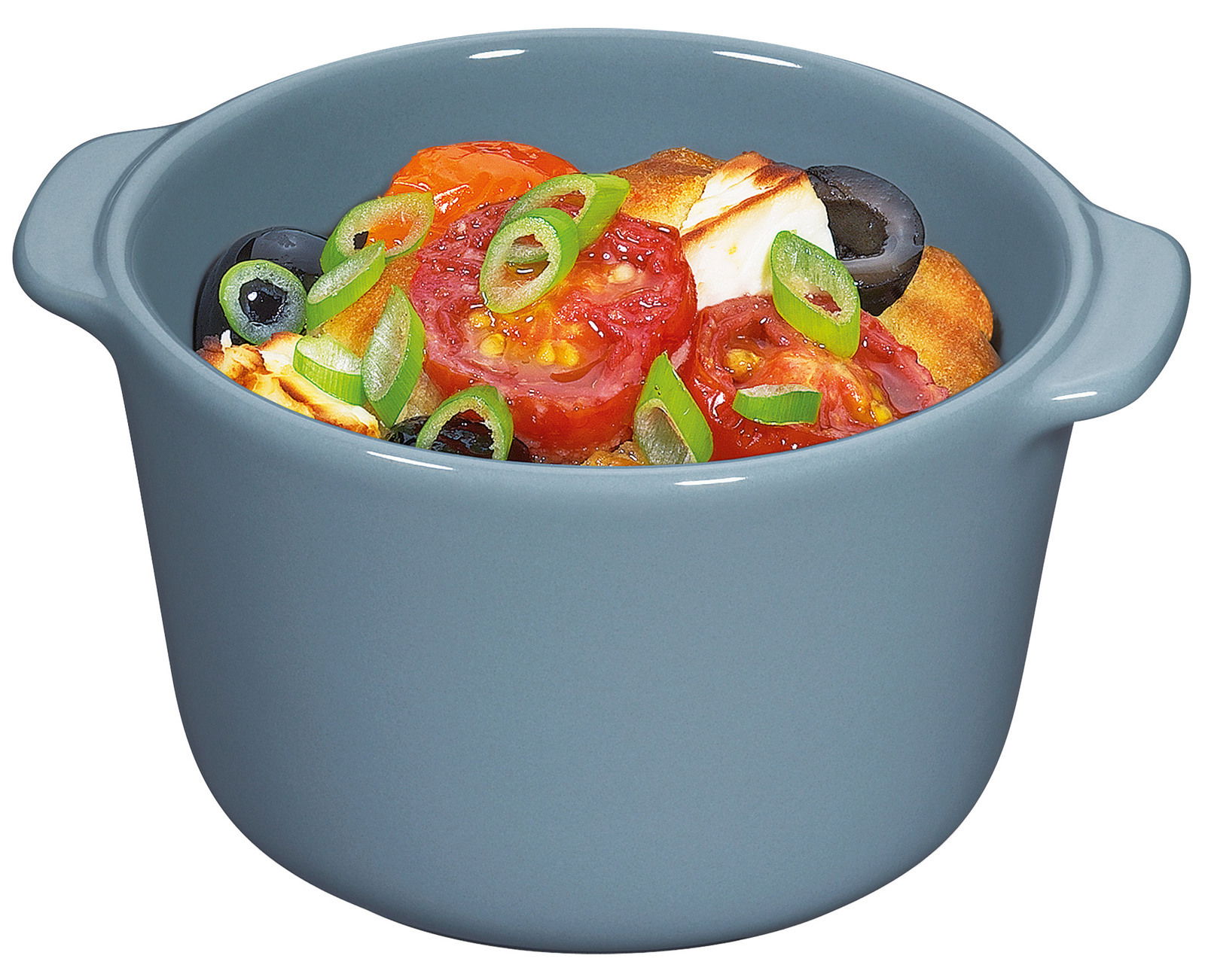 Graues Ragoutschälchen mit Griffen, gefüllt mit buntem Gemüse, aus der Vogelperspektive.