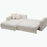 Ecksofa London in heller Farbe, von schräg vorne fotografiert, mit zwei Kissen auf der linken Seite.