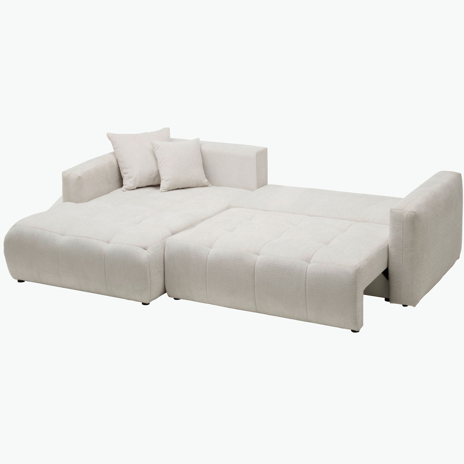 Ecksofa London in heller Farbe, von schräg vorne fotografiert, mit zwei Kissen auf der linken Seite.