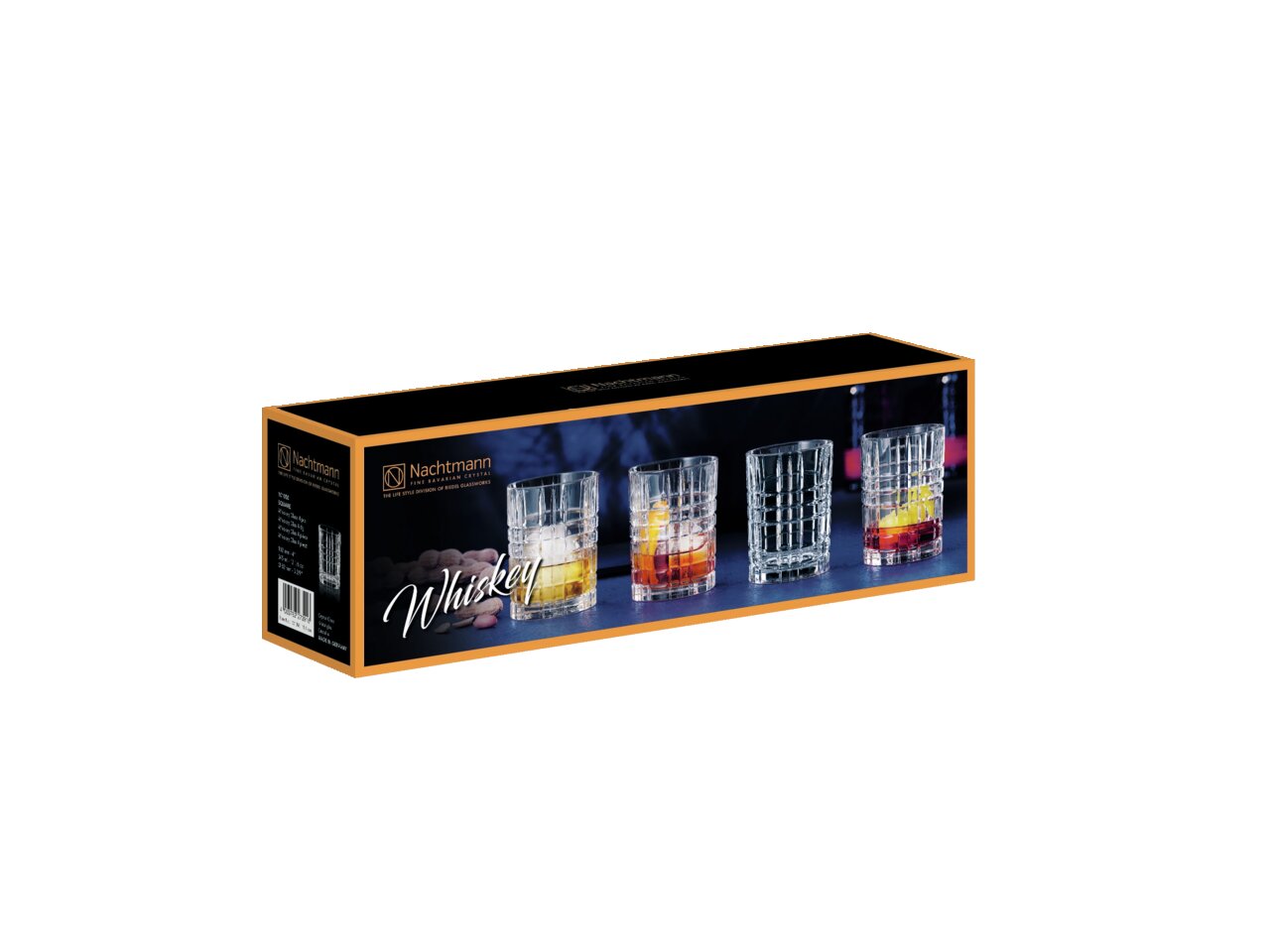 Verpackung eines Whiskyglas Sets mit vier quadratischen Gläsern, seitliche Perspektive