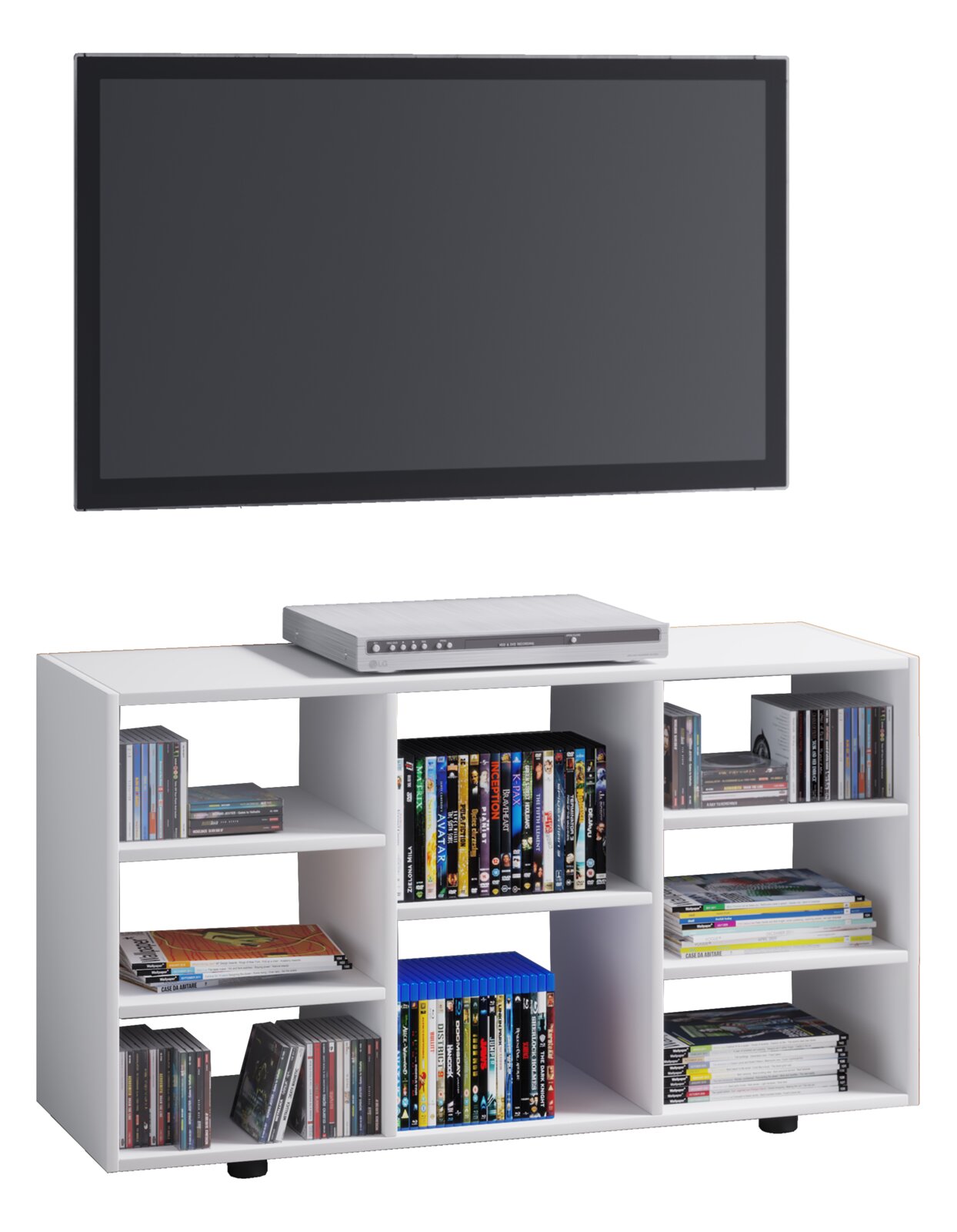 Weißes TV-Lowboard mit offenen Fächern und schwarzen Füßen, bestückt mit DVDs und CDs, mit Flachbildfernseher und DVD-Player darüber, frontale Produktansicht