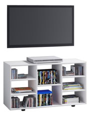 Weißes TV-Lowboard mit offenen Fächern und schwarzen Füßen, bestückt mit DVDs und CDs, mit Flachbildfernseher und DVD-Player darüber, frontale Produktansicht