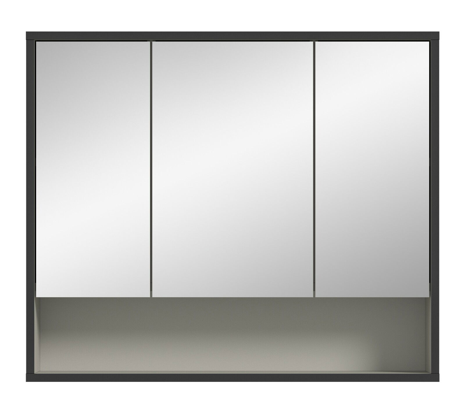 Moderner Spiegelschrank mit drei Türen, frontal betrachtet.