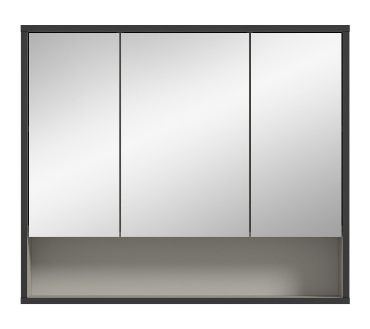 Moderner Spiegelschrank mit drei Türen, frontal betrachtet.