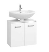 Weißer Waschbeckenunterschrank mit zwei Türen und silbernen Griffen, frontal abgebildet unter einem modernen Waschbecken mit Wasserhahn.